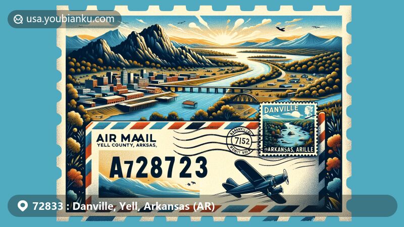 Modern illustration of Danville, Yell County, Arkansas, showcasing postal theme with ZIP code 72833, featuring vintage air mail envelope and scenic Petit Jean River stamp.