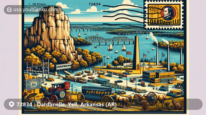 Creative postcard design for ZIP code 72834, Dardanelle, Yell, Arkansas, featuring landmarks like Dardanelle Rock and Arkansas River, with historical elements like the Council Oak and airmail postal theme.