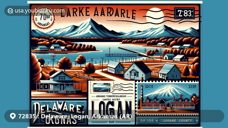 Modern illustration of Delaware area in Logan County, Arkansas, showcasing landmarks such as Lake Dardanelle and Arkansas Tuberculosis Sanatorium Historic District, highlighting rural beauty with Magazine Mountain, and featuring postal elements like vintage postcard layout, postal stamp, and postmark with ZIP code 72835.