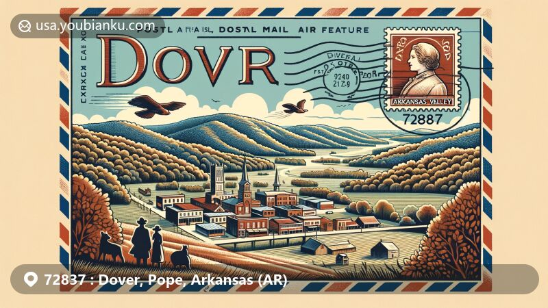 Modern illustration of Dover, Pope County, Arkansas, with vintage air mail envelope showcasing Arkansas Valley Hills, small-town charm, and historical significance.