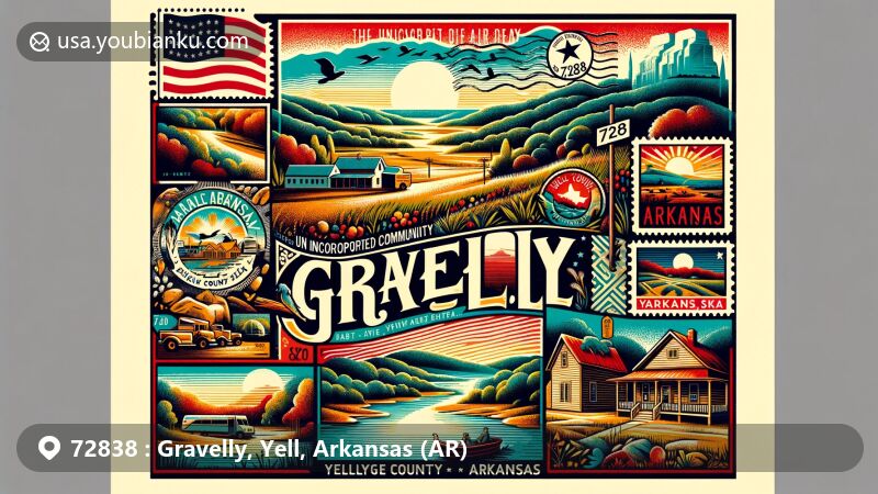 Modern illustration of Gravelly area, Yell County, Arkansas, showcasing postal theme with ZIP code 72838, featuring state flag, Ouachita and Ozark National Forests, and rural charm.