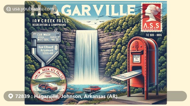 Modern illustration of Hagarville, Arkansas, highlighting natural attractions and postal theme, featuring Car Wash Falls, Haw Creek Falls Recreation Area & Campground, vintage-style postal envelope, ZIP code 72839, Arkansas state flag stamp, and a classic red mailbox with letters.