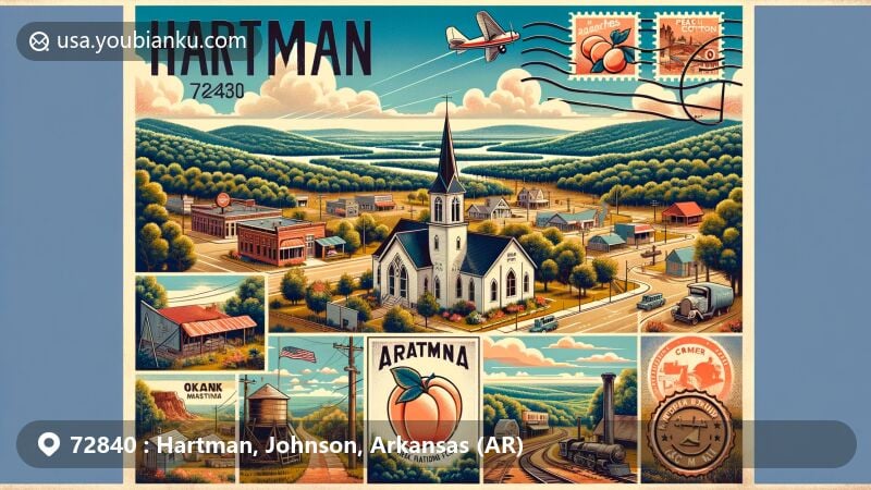Modern illustration of Hartman, Arkansas, showcasing aerial view and natural beauty near the Ozark National Forest with elements symbolizing town's history and culture, including Sacred Heart Church, peach and cotton farming, coal mining heritage, and local shops.