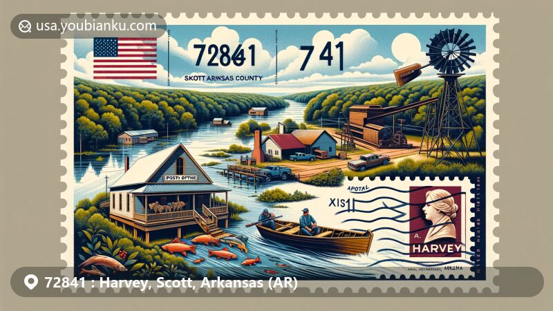 Modern illustration of Harvey, Scott County, Arkansas, showcasing postal theme with ZIP code 72841, featuring Ouachita National Forest, Fourche La Fave River, traditional cotton gin, and Harvey Post Office.