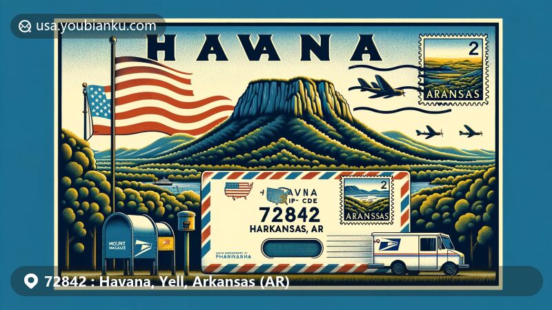 Modern illustration of Havana, Yell County, Arkansas, showcasing postal theme with ZIP code 72842, featuring Mount Magazine and surrounding forests.