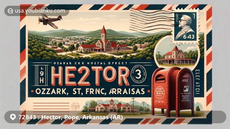 Modern illustration of Hector, Pope County, Arkansas, featuring ZIP code 72843, highlighting small-town charm and community spirit amid Ozark-St. Francis National Forest.