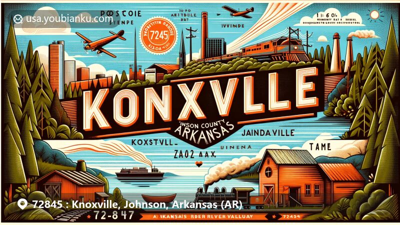 Modern illustration of Knoxville, Johnson County, Arkansas, featuring vintage postcard design with ZIP code 72845, showcasing Lake Dardanelle, railroad history, timber industry elements, and Arkansas River Valley reference.
