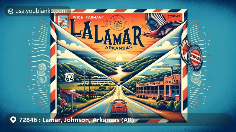 Modern illustration of Lamar, Arkansas, featuring Cabin Creek valley and Warrior Stadium, styled as a vintage air mail envelope with postal elements like Arkansas state flag, ZIP code 72846, and old mailbox.