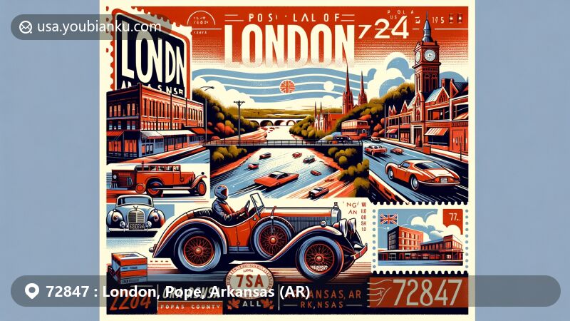 Modern illustration of London, Arkansas, showcasing ZIP code 72847, featuring local landmarks, postal elements, and historical references.