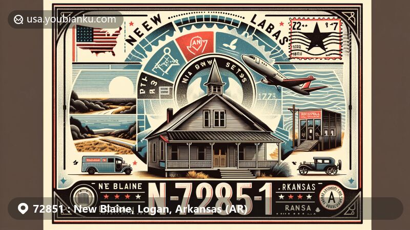 Illustration of New Blaine, Logan, Arkansas, showcasing postal theme with ZIP code 72851, featuring the old rock schoolhouse of New Blaine Trading Post and a custom Arkansas stamp.