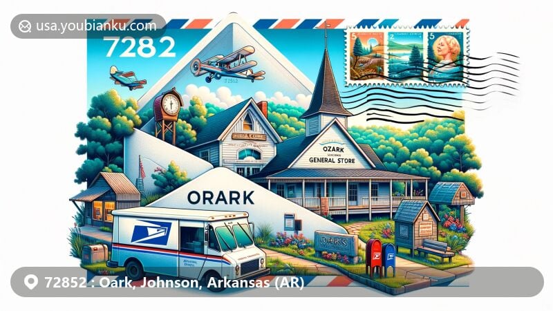 Modern illustration of Oark, Johnson County, Arkansas, highlighting ZIP code 72852 area with Oark General Store and Ozark National Forest.