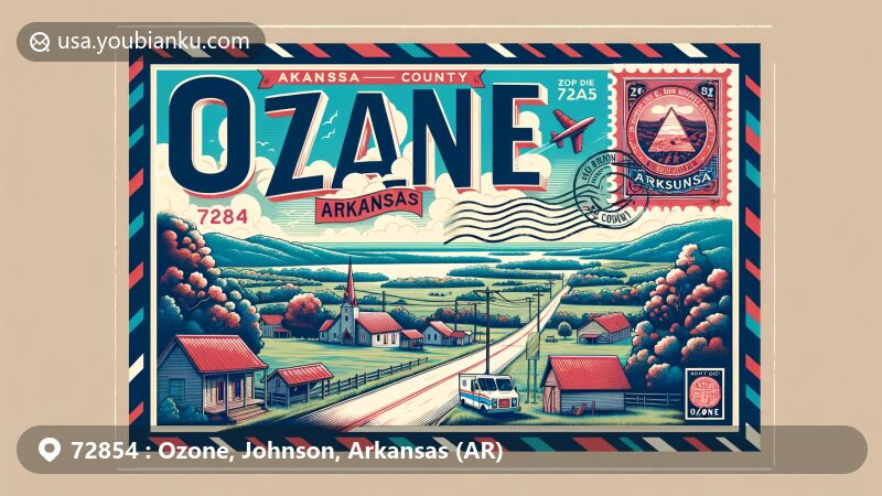 Modern illustration of Ozone, Arkansas, showcasing rural charm, community spirit, and natural beauty, featuring postal elements like vintage postcard format, airmail envelope border, and Arkansas state symbols.