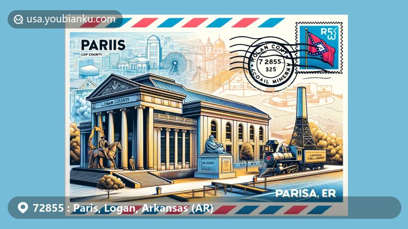 Modern illustration of Paris, Logan County, Arkansas, featuring airmail envelope with Logan County Museum and Coal Miners Memorial, Arkansas outline and flag elements. Postage stamp with '72855 Paris, AR' and postmark 'Logan County' integrated.