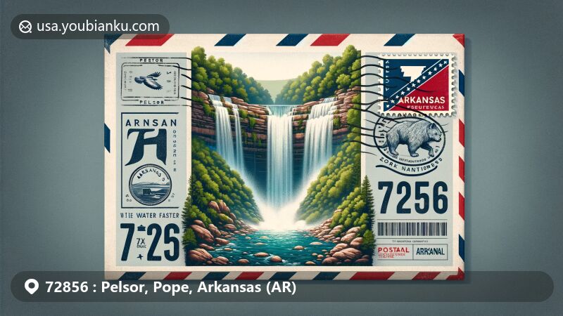 Modern illustration of Pelsor, Arkansas, showcasing Falling Water Falls and Ozark National Forest with ZIP code 72856 in a vintage airmail envelope featuring Arkansas state symbols.