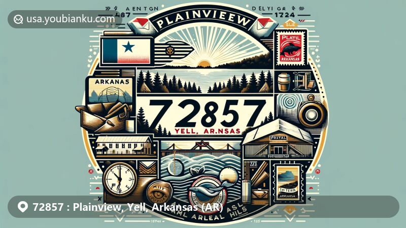 Modern illustration of Plainview, Yell County, Arkansas with postal theme of ZIP code 72857, showcasing historical logging town, proximity to Petit Jean River, and natural forested hills landscape, featuring Arkansas state symbols including state flag and postal elements like postcard outline, vintage stamp with Lake Nimrod image, and old-fashioned postal horn and mail bag.