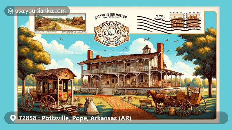Modern illustration featuring Potts Inn Museum, a historic stagecoach station on Butterfield Overland Mail Route in Pottsville, Arkansas, with antebellum architecture, period furnishings, and surrounding log structures showcasing various exhibits.
