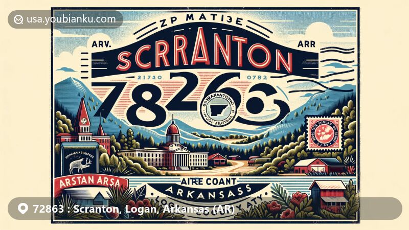 Modern illustration of Scranton, Logan County, Arkansas, showcasing postal theme with vintage airmail envelope, stamp, and postal markings, emphasizing communication and mail connections. Regional elements include Mount Magazine State Park and Logan County Courthouse, reflecting rural city vibe and local governance.