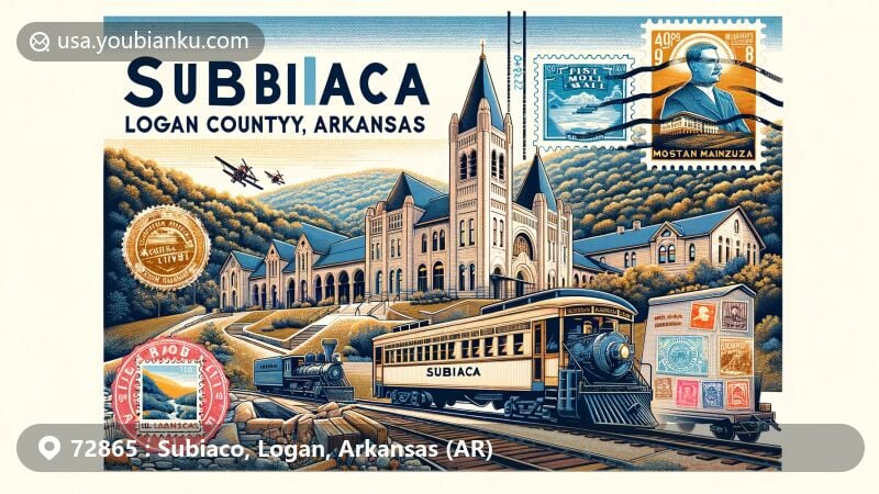 Modern illustration of Subiaco, Logan County, Arkansas, focusing on postal theme and Subiaco Abbey's Benedictine heritage, vintage railway elements representing the town's history, and Mount Magazine State Park's scenic beauty.
