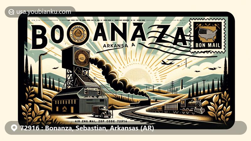 Contemporary illustration of Bonanza, Arkansas, depicting coal mining town history and local culture, featuring air mail envelope with vintage postage stamp, Arkansas landscape, and state flag.