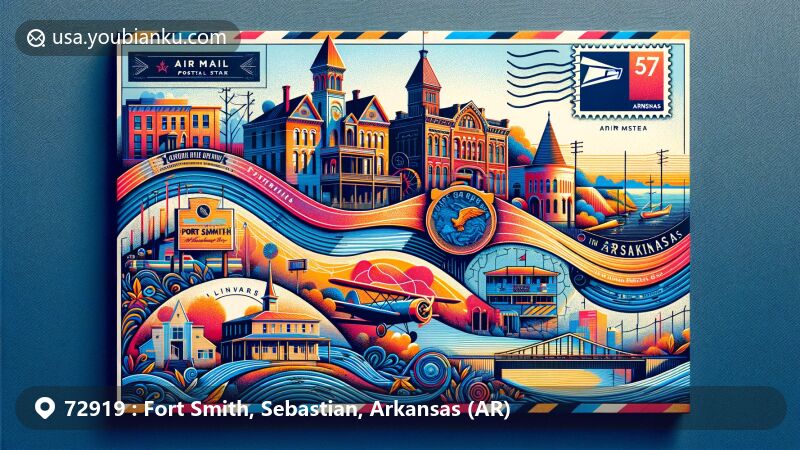 Modern illustration of Fort Smith, Arkansas, depicting key landmarks like Fort Smith National Historic Site, Fort Smith Museum of History, and Belle Grove Historic District, integrated with postal elements.