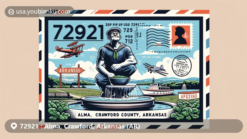 Modern illustration of Alma, Crawford County, Arkansas, representing Spinach Capital of the World with iconic Popeye statue, Arkansas River Valley, and Ozark Mountains.