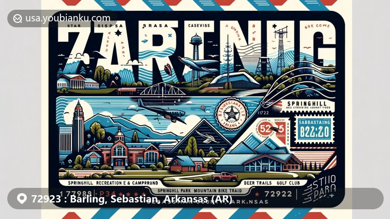 Modern illustration of Barling, Sebastian County, Arkansas, showcasing postal theme with ZIP code 72923, featuring Springhill Recreation Area & Campground, Springhill Park Mountain Bike Trail, and Deer Trails Golf Club.