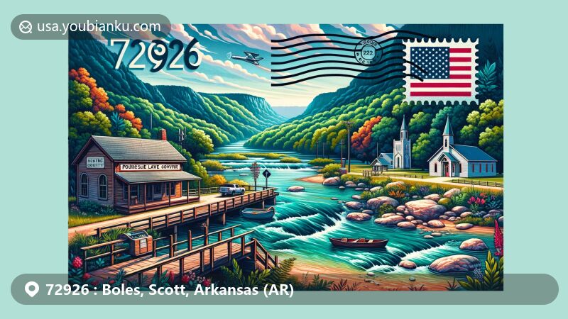 Modern illustration of Boles, Scott County, Arkansas, showcasing postal theme with ZIP code 72926, featuring Fourche La Fave River and Ouachita Mountains.