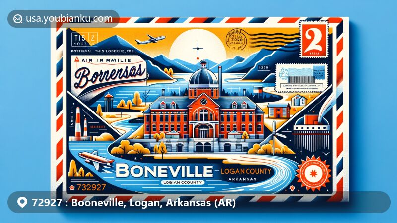 Modern illustration of Booneville, Logan County, Arkansas, featuring air mail envelope with stamp and postmark, showcasing Arkansas River Valley, Ozark and Ouachita Mountains, Blue Mountain Lake, and Arkansas Tuberculosis Sanatorium.