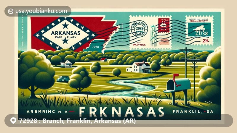 Modern illustration of Branch, Franklin County, Arkansas, highlighting postal theme with ZIP code 72928, featuring a rural landscape with Arkansas state flag and Franklin County outline.