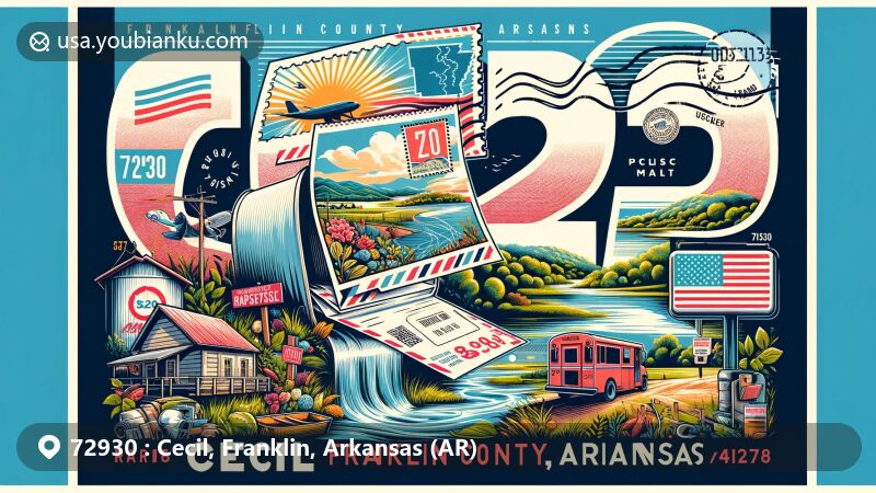 Colorful illustration of Cecil, Franklin County, Arkansas, representing ZIP code 72930, featuring air mail envelope and vibrant background showcasing rural charm, outdoor activities, Arkansas state flag, Franklin County map outline, community spirit symbols, postal communication elements.