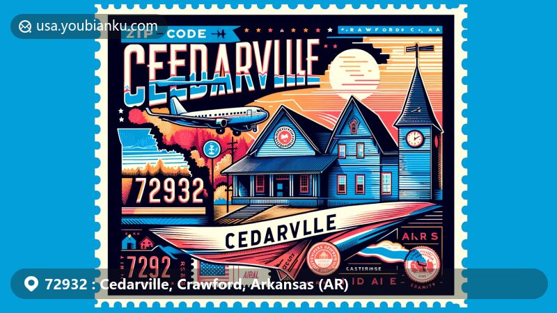 Modern illustration of Cedarville, Crawford County, Arkansas, showcasing postal theme with ZIP code 72932, featuring Ozark National Forest, Osage Native Americans, rock school building, and postal elements.
