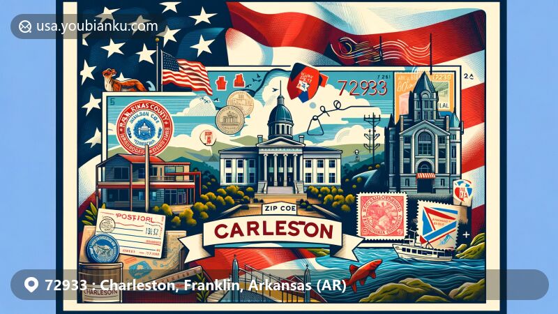 Modern illustration of Charleston, Franklin County, Arkansas, showcasing postal theme with ZIP code 72933, featuring Arkansas state flag and Franklin County Courthouse outline.