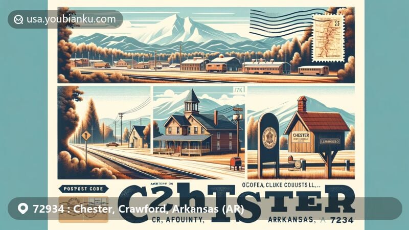 Modern illustration of Chester, Crawford County, Arkansas, featuring postal theme with ZIP code 72934, showcasing Ozark Mountains, Ozark National Forest, historical timber town vibe, vintage postcard layout, and postmark.