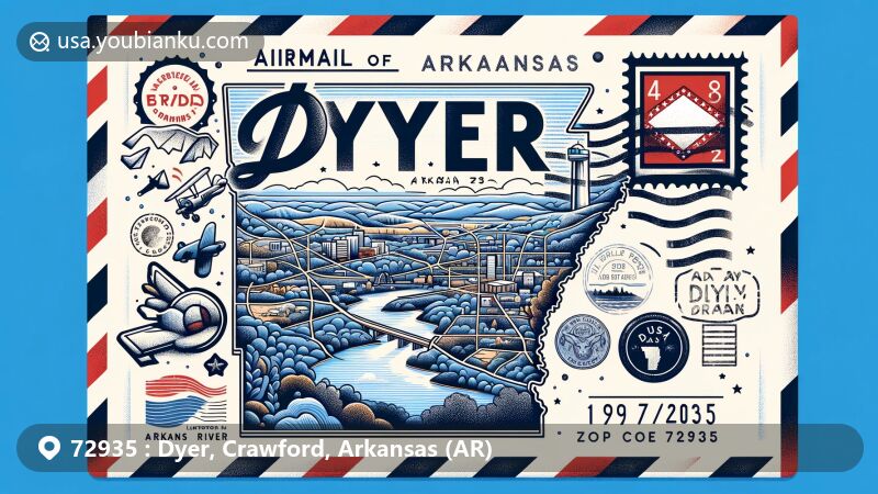 Modern illustration of Dyer, Crawford County, Arkansas, representing ZIP code 72935 with airmail envelope showcasing Dyer's essence, Arkansas state elements, and traditional postal symbols.