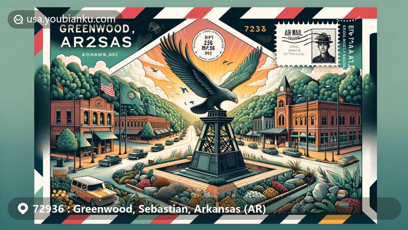 Modern illustration of Greenwood, Arkansas, showcasing Coal Miner's Memorial, lush greenery, Veterans Memorial Square, phoenix symbolizing rebirth after 1968 tornado, local festivals, and community unity, in a postcard design with ZIP code 72936.