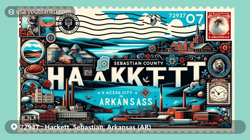 Modern illustration of Hackett, Sebastian County, Arkansas, featuring postal theme with ZIP code 72937, incorporating Sugar Loaf Lake to represent the county's natural beauty and paying tribute to Hackett's rich heritage.