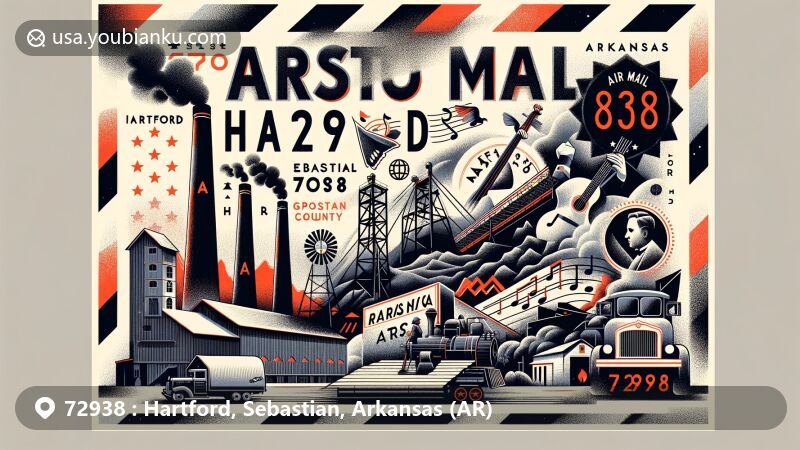 Modern illustration of Hartford, Sebastian County, Arkansas, featuring ZIP code 72938, showcasing postal theme with air mail envelope inscribed with 'Hartford, AR, 72938', coal mining equipment, and musical elements representing gospel music.