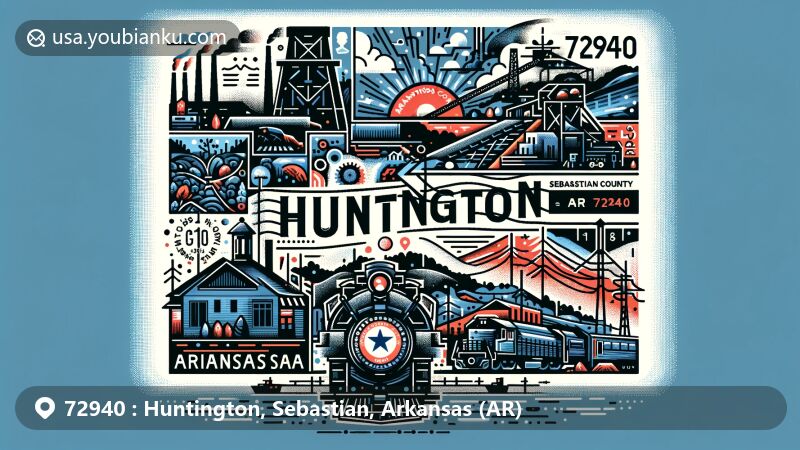Modern illustration of Huntington, Sebastian County, Arkansas, featuring postal theme with ZIP code 72940, integrating coal mining history, Arkansas River Valley, and city's community spirit.