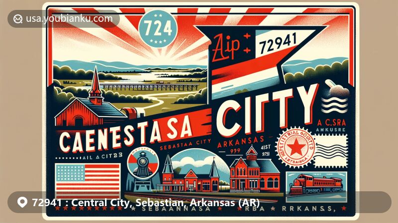 Modern illustration of Central City, Sebastian County, Arkansas, inspired by vintage postcards, featuring scenic landscape, historical landmarks, and postal elements like ZIP code 72941, Arkansas River, and classic airmail design.