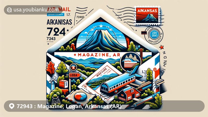 Modern illustration of Magazine, Logan County, Arkansas, spotlighting postal theme with ZIP code 72943, featuring Mount Magazine and Arkansas state symbols.