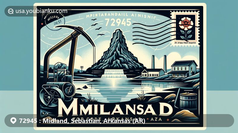 Modern illustration of Midland, Arkansas, showcasing historical and natural elements like Sugarloaf Mountain, Sugarloaf Lake, coal mining symbols, and the ZIP code 72945, with a stylized postage stamp featuring the Arkansas state flag.