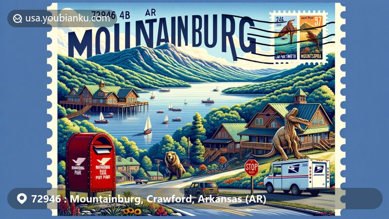 Modern illustration of Mountainburg, Crawford County, Arkansas, featuring Lake Fort Smith State Park and creative postal theme with ZIP code 72946, showcasing local symbols like a postal truck, red mailbox, and postage stamps.