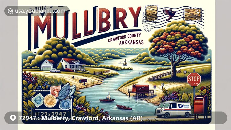 Modern illustration of Mulberry, Crawford County, Arkansas, showcasing the postal theme with ZIP code 72947, featuring the scenic Mulberry trees along the riverbank and creative postcard design.