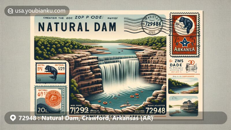 Modern illustration of Natural Dam, Crawford County, Arkansas, featuring vintage postcard layout with focus on the Natural Dam waterfall and swimming hole surrounded by postal elements, including postage stamp with Arkansas state flag, postmark with date, and ZIP code 72948.