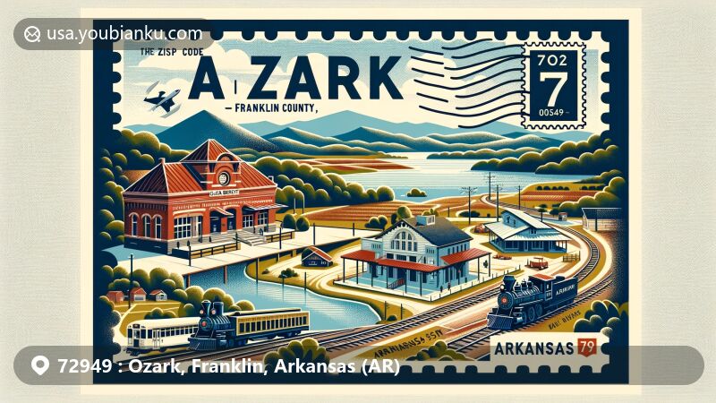 Modern illustration of Ozark, Franklin County, Arkansas, showcasing postal theme with ZIP code 72949, featuring Ozark Area Depot Museum, diverse natural landscapes, Arkansas River, and wine-making heritage.