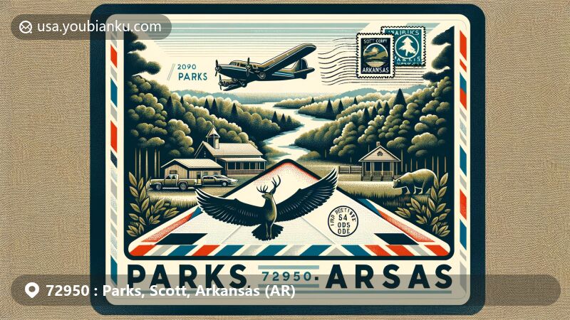 Modern illustration of Parks, Scott County, Arkansas, showcasing postal theme with ZIP code 72950, featuring Ouachita National Forest, Fourche La Fave River, Parks School House, and traditional postal stamp of Arkansas.