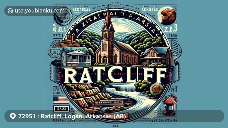 Modern illustration of Ratcliff, Arkansas, showcasing postal theme with ZIP code 72951, featuring natural beauty and architectural details of St. Anthony’s Church.