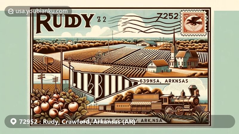 Modern illustration of Rudy, Crawford County, Arkansas, featuring postal theme with ZIP code 72952, showcasing small-town charm, agricultural background, Arkansas state flag stamp, agricultural fields, vintage train elements, and natural landscape.