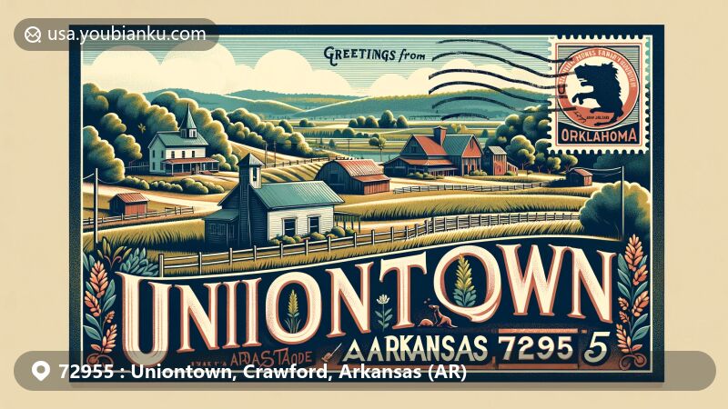 Creative and modern illustration of Uniontown, Arkansas, highlighting rural charm and natural beauty near Oklahoma border, featuring Cedarville and historical Slack-Comstock-Marshall Farm, adorned with vintage Arkansas state flag postage stamp and postal mark with ZIP code 72955.