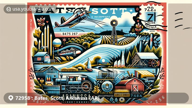 Modern illustration of Bates, Scott, Arkansas, showcasing the Poteau River, agriculture, timber, and coal mining industries, along with postal elements like vintage air mail, ZIP code 72958 stamp, postmark, and historical mail delivery methods.